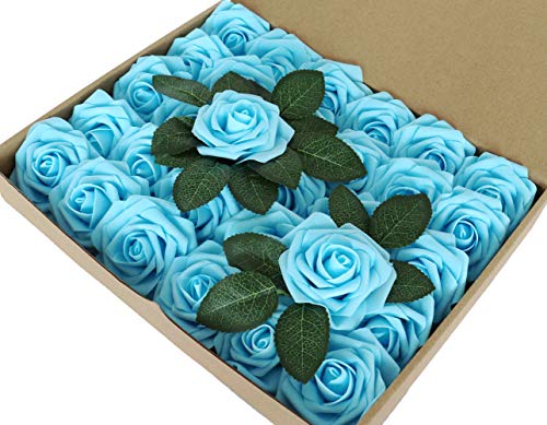 CODE FLORIST Artificial Foam Roses 20pcs with Leaves and Stems for Wedding Bridel Shower Bouquets Centerpieces,Handmade Floral Arrangements Party Baby Shower Tables Home Decor (Light Blue)