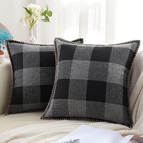 decorUhome Beige Linen Cushion Covers 45x45cm Set of 2, Decorative Farmhouse Trimmed Edge Pillowcase 18x18 for Sofa