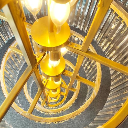 Image of Harold Electricals Caverna Long Crystal Chandelier | Staircase Chandelier Light Fixture for High Ceiling Hallway, Living Room, Hotel & Entryways - 2ft(Dia) X7ft (Height) Gold Plate