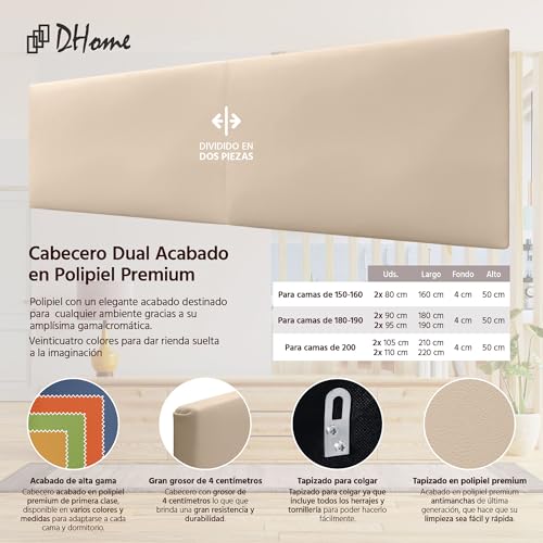 Miniatura 3 de Dhome Cabecero De Polipiel O Tela Acualine Liso Dual Dividido En 2 Piezas Tapizado De Alta Gama Cabezal Tapizado Moderno Polipiel Beige, 180cm Dual Camas 180 190