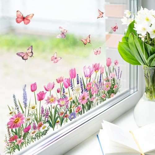 COMOOKA 3 Bögen Fensterbilder Frühling Blumen 58x30cm Selbstklebend Fenstersticker Fensteraufkleber Doppelseitig Schmetterlinge Fensterdeko Sommer für Wohnzimmer Kinderzimmer Wiederverwendbar (F)