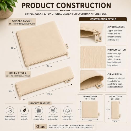Image of Glus Combo (Set of 1 Pair) Cotton Belan Cover & Chakla Cover | Hygiene Cover Protect from Insects,Cockroach,Fly | Breathable, Washable, Reusable,Rolling Pin Cover(Cover-Set of 1)