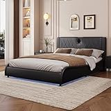 KT Rolster Queen Size Leather Bed Frame with Bluetooth Speakers and RGB LED Light, Luxurious Upholstered Platform Bed with Thick Headboard, Wood Slats Support, No Box Spring Needed, Black