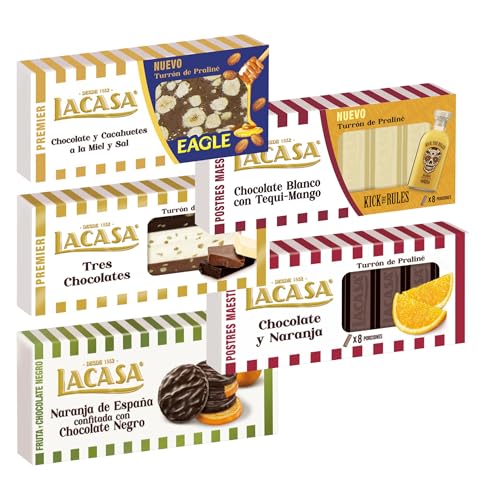 Pack Surtido 5 Turrones Lacasa:Naranja de España Confitada, Blanco con Tequi Mango, Chocolate y Naranja, Tres Chocolates,Cacahuete Eagle