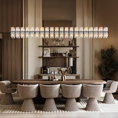 Image of Crystal Black Rectangular Chandelier Light Fixture,72 in Large Dining Room Chandelier Over Table,Modern Chandeliers for Living Room,Arcachon Chandeliers,Kitchen Island,Includes 80xG4 Bulbs