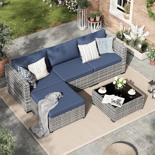 Amopatio Rattan Gartenmöbel-Set, Poly Rattan Sitzgruppe Couch 5 Teilig mit 3er Sofa, Sessel, Kissen...