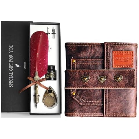 VANGOAL Red Feather Pen and Leather Journal Deluxe Set Cover