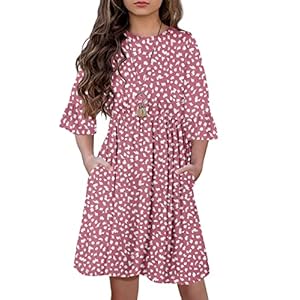 HOSIKA Girls Midi Dress Floral 3/4 Sleeve Ruffle A-line Swing Casual Dresses with Pockets for Kids 6-12 Years