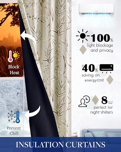 Image of Cloth Fusion Printed 100% Blackout Window Curtains 5 Feet Long Set of 2 | Elegant Blooms, Room Darkening, Black Woven Back, 127 cm Wide Panel, Thermal Insulated, Stainless Steel Grommets