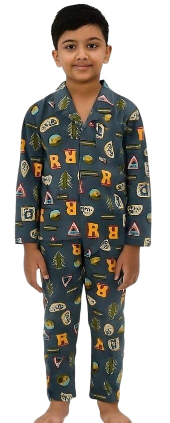 Image of TONY & JONY Summer Casual Wear Self Design Cartoons Printed Full Sleeve 100% Pure Cotton Kid's Top Bottom Set /Night Suit