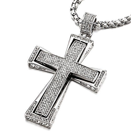COOLSTEELANDBEYOND Men Women LARGE Steel Cross Pendant Necklace with Cubic Zirconia, 30 inches Wheat Chain