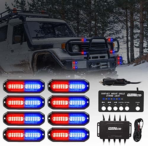 WINECO Police lights for vehicles, 8PCS LED Surface Mount Strobe Lights Kit Emergency Safety Warning Flashing Grill Grille Lighthead Assembly for Emergency Trucks Vehicles Cars construction Red Blue