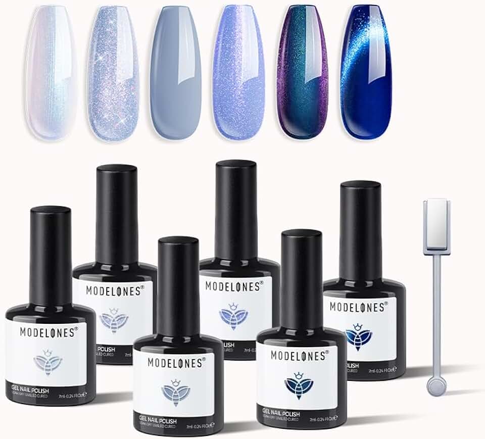 modelones Gel Nail Polish Set, 6 Colors Spring Sky Ocean Blue Collection Glitter Gel Polish Galaxy Dark Blue 9D Cat Eye Nail Polish w Magnet White Soak Off Led Nail Art Kit DIY Gift