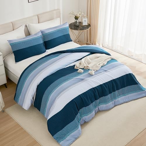 Litanika Oversized King Comforter Set Navy Blue - 3 Pieces Lightweight Blue White Colorblock Stripe Fluffy Bedding Comforter Sets, All Season Bed Set