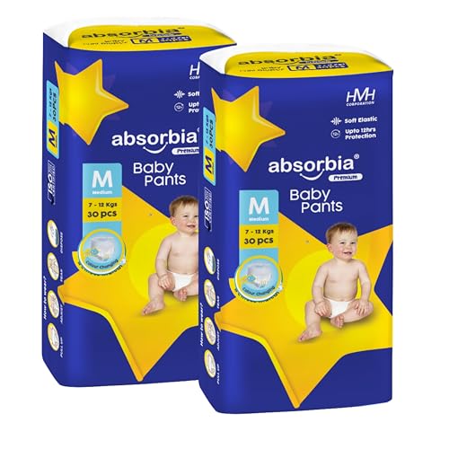 Image of Absorbia Baby Pant Diaper Medium (M) 7-11 Kg, 60s x Pack of 2 | Up to 12Hrs Protection | Cottony Soft Comfort for Sensitive Skin | Wetness Indicator | High Absorbancy | Wider pee distribution
