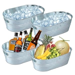 4 Pack Galvanized Tub 3.1 Gallon Ice Bucket Large Metal Drink Buckets for Parties Beer Beverage Tub with Carry Handles for Champagne Cocktails Wine Cooling for Mimosa Bar Supplies