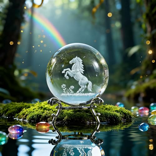 HDCRYSTALGIFTS 60mm 3Dレーザー彫刻馬クリスタルボール スタンド付き ガラス装飾ボール 球 動物 文鎮 装飾ギフト 女性用 [4]