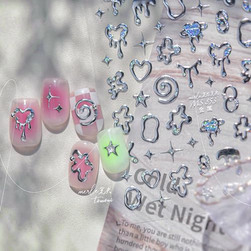 Phuryllic 3D Nail Stickers for Nail Art, Embossed Self-Adhesive Cute Nail Charms & Decals for DIY Nails, Easy-to-Apply Nail Design Supplies & Accessories for Home Manicure-Silver Irregular Shapes