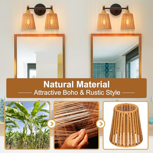 Image of 2-Light Boho Vanity Light Fixtures, Farmhouse Bathroom Light Fixtures Over Mirror, Rustic Rattan Vanity Lighting with Hand-Woven Lampshade for Bedroom Living Room Bathroom Restroom Hallway