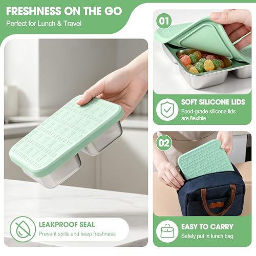Image of 4 Pack Stainless Steel Snack Containers with Silicone Lids, Leakproof Bento Snack Boxes, Reusable 4 Compartment Metal Lunch Containers, Dishwasher Safe Food Storage for Meal Prep, Work & Travel