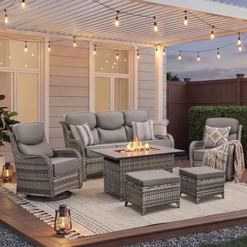 Luxury Patio Furniture Set with Fire Pit Table-6 Pieces All Weather Outdoor Swivel Rocker Chairs with Sofa and Ottomans. Outdoors Patio Conversation Sets for Porch Deck Garden Backyard(Grey/Grey)