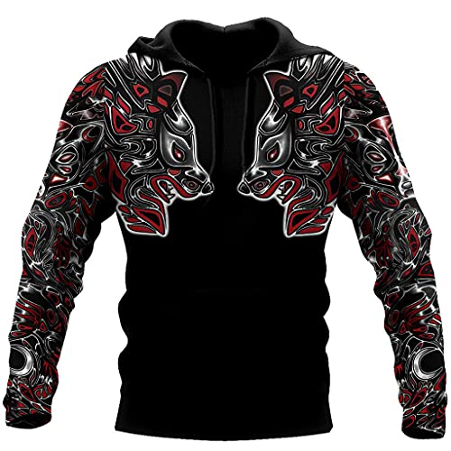 Pull à capuche loup viking aux tatouages réalistes effet relief pour look urbain