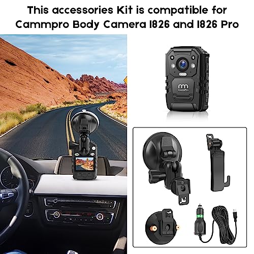 CammPro Body Worn Camera Accessories Bundle Kit for Body Camera I826, Screw Clip+Car Charger+Suction Cup Mount+Shoulder Clip
