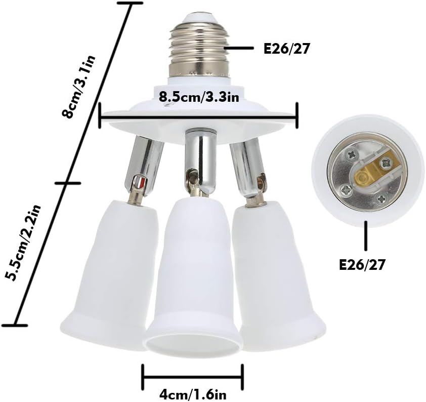 3 in 1 E26 27 Light Socket Splitter Adjustable 180 Vertical 360 Horizontal Bendable Extender Adapter Converter for Standard LED Bulbs 60W
