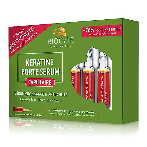 BIOCYTE Keratina Forte Serum – Ampollas anticaída del cabello – Crecimiento y cabello reforzado, queratina, PQQ, activos patentados – 5 ampollas de 9 ml – Programa de 15 días