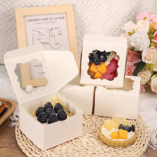 TOMNK 60pcs 4 Inches White Bakery Boxes Small Cookie Boxes Kraft Baking Boxes with Window for Strawberries Chocolate Dessert Pastry Treat Candy Donuts Mini Cake and Party Favor 4x4x2.5 Inches - Thumbnail 7