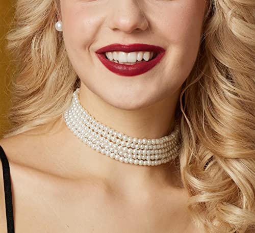 Gionforsy White Pearl Choker Necklace Multi Strand Pearl Choker Necklace Short Pearl Necklace For Wedding Tea Party (5 Layers) #TOP2