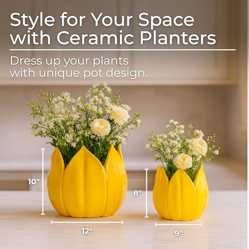 Ceramic Planters Outdoor Decor Set – Indoor Planters for House Plants or Patio Use, Living Room or Garden Placement, Petal Shaped Design for Sculptural Home Decor – 10" and 8", Yellow by Sagebrook Home - Image 2