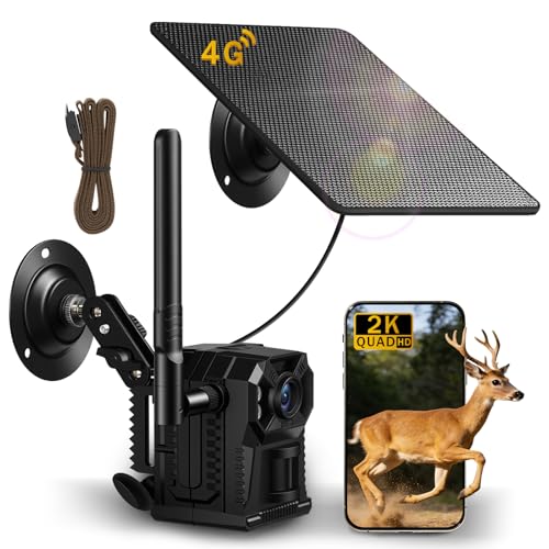 Solar 4G Trail Camera, 2K HD Hunting Game Camera Solar Powered, 360° Rotatable, IR Night Vision, IP65 Waterproof for Hunting Wildlife/Outdoor Security, Built-in eSIM, App Control (1, 4000mAh)