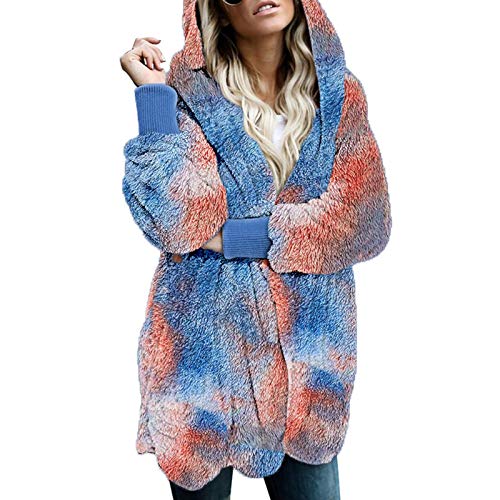 Womens Fuzzy Fleece Jacket Sherpa Coat Tie Dye Print Open Front Hooded Cardigan Outwear Blue