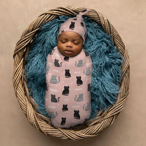 Image of Black Heart Cat Newborn Swaddle Blankets Hat Sets Soft Baby Receiving Blanket Swaddle Sack for Baby Shower Infant Boy Girl Gift