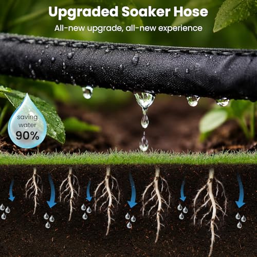 MIXC 2026 Thickened Flat Soaker Hose 200Ft with Copper Joint, Saving 80% Water, Aluminum Seal, 1mm Hose, 360°Swival Handle, Hole Pressure Relief Gasket, Drip Kit for Vegetable Garden, Lawn, Flower Bed
