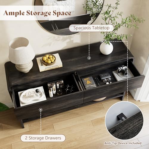 Image of AMERLIFE 55 inch Modern Console Table with 2 Storage Drawers and Open Shelf, Wooden Entryway Table with Curved Edges, Sofa Table Behind Couch for Hallway, Foyer, Entrance, Living Room, Black