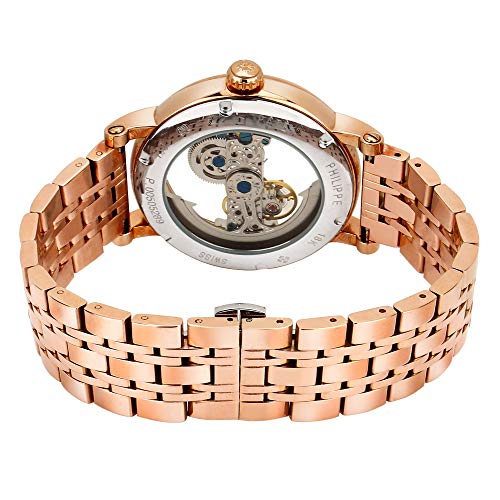 Image of Men's Patek Phillip Skeleton Transparent Automatic Chronograph Watch (Beige Dial, Rosegold Strap)