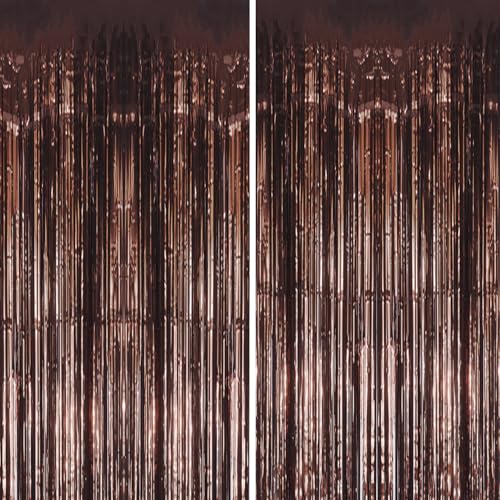 DECOCKRAT 2 Pack Foil Fringe Backdrop - Brown Shiny Tinsel Curtains for Party Decoration/Photo Booth Props - 3.3x6.6 FT Metallic Foil Backdrop for Birthday Wedding Graduation Christmas.