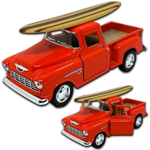 Miniatura de carro Chevrolet Stepside 1955 em Metal, com fricção, pneus em borracha, abertura de portas laterais, 12 CM, 1/32, Resistente a quedas (Laranja Surf)