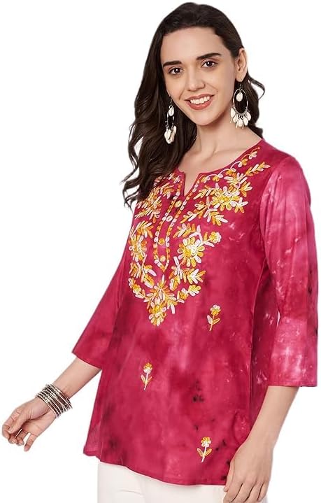 Embroidered Short Kurti for Women on Jeans, V-Neck, 3/4 Sleeve, Floral Design, Kashmiri Tunic Top