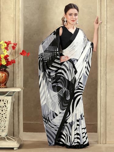 Image of SIRIL Women's Crepe Silk Printed Saree with Unstitched Blouse Piece