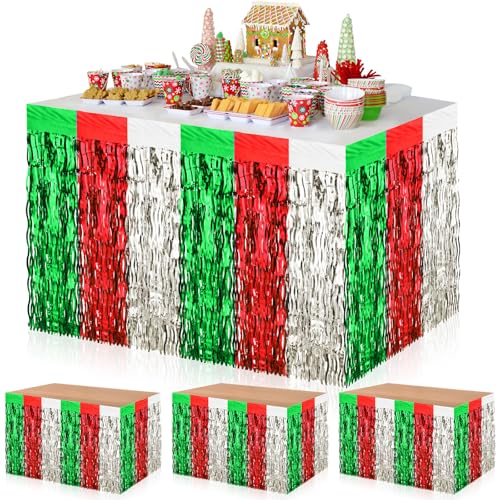 DTOFOOT 4 Pack Christmas Party Decorations, 30x108 Inch Wavy Red Silver and Green Metallic Foil Fringe Tinsel Table Skirts Christmas Tablecloth Table Cover for Christmas Table Decor Party Supplies