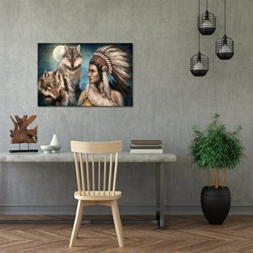 Artsbay Native American Wall Art Indian Woman Feathered Headdress Tribal Chief With Wolf Painting Vintage Canvas Print For Wall Home Office Living Room Bedroom Dcecoration Large #TOP2