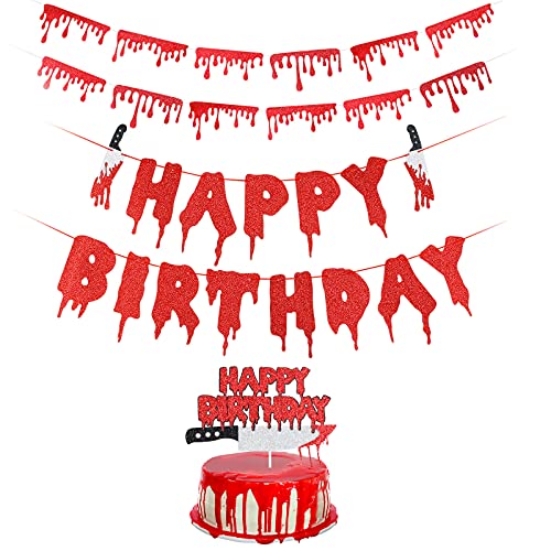 Red Glitter Halloween Happy Birthday Banner And Horror Birthday Cake Topper Halloween Zombie Horror Birthday Banner Halloween Bloody Horror Movie Vampire Diaries Themed Birthday Party Decorations Supplies #TOP22