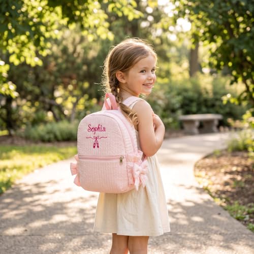Image of 15inch Daycare Backpack Personalized Large Backpack with Name | Cute Punch Backpack for Age 4-6,Lightweight Quilted Fabric,Water Bottle Pockets with Bow,Custom Baby Gift,Embroidered Name