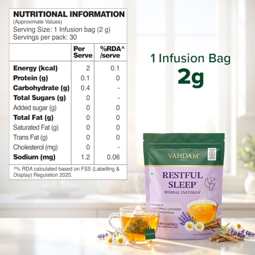 Image of VAHDAM Restful Sleep Herbal Infusion | Promotes Deep Sleep & Helps with Insomnia, Snoring | Caffeine Free | 8-Herb Blend | 30 Tea Bags
