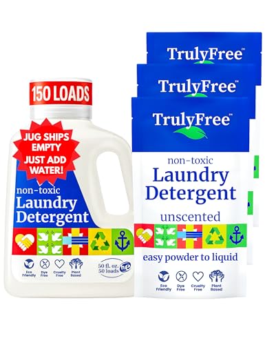 Image of Truly Free Natural Laundry Detergent for Sensitive Skin | Eco Friendly, Plant Based, Baby Clothes Safe | Clean & Easy Powder to Liquid, 3 Pack Detergent + 1 Refillable Jug | Unscented, 150 Loads