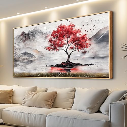 QIYILEXWART Wood Framed Large Wall Decor For Living Room Stretched And Framed Canvas Wall Art For Office Wall Decorations For Bedroom Red Tree Painting Farmhouse Pictures Home Decor