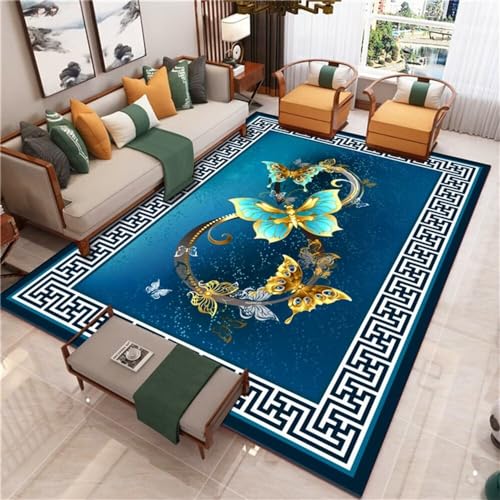 Tapis bleu papillon lavable grand format 180x280cm pour canapé
